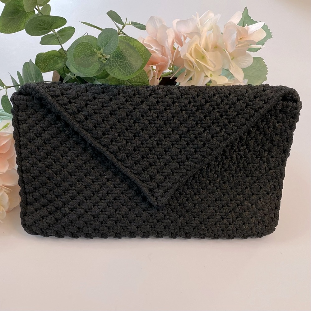 Vintage Black Crochet Clutch Purse Bag Inside Zipper and Button Closure Boho